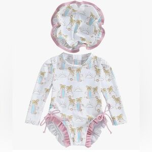 Baby Girls Long Sleeve Swimsuit with Sun Hat - Palm & Surf Print, Pink Trim 3-6m